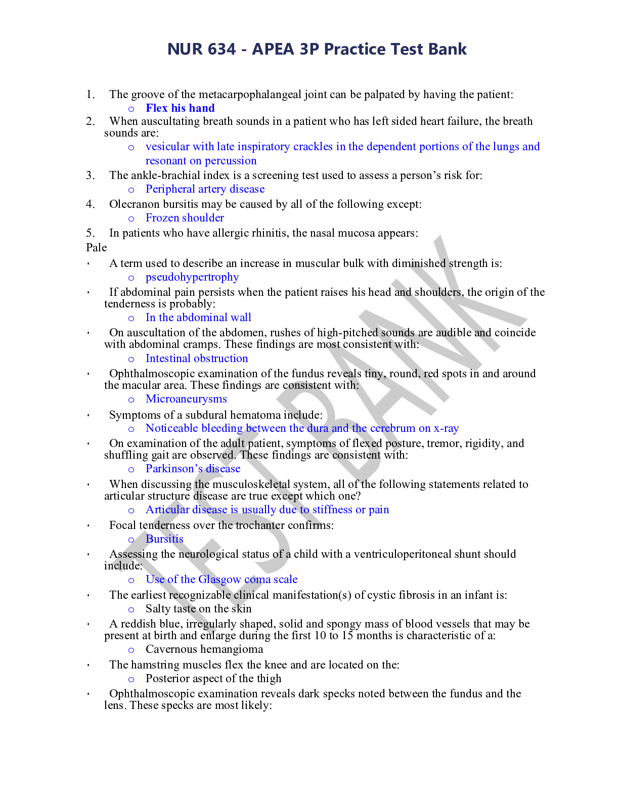 Preview of NUR 634 - APEA 3P Practice Test Bank